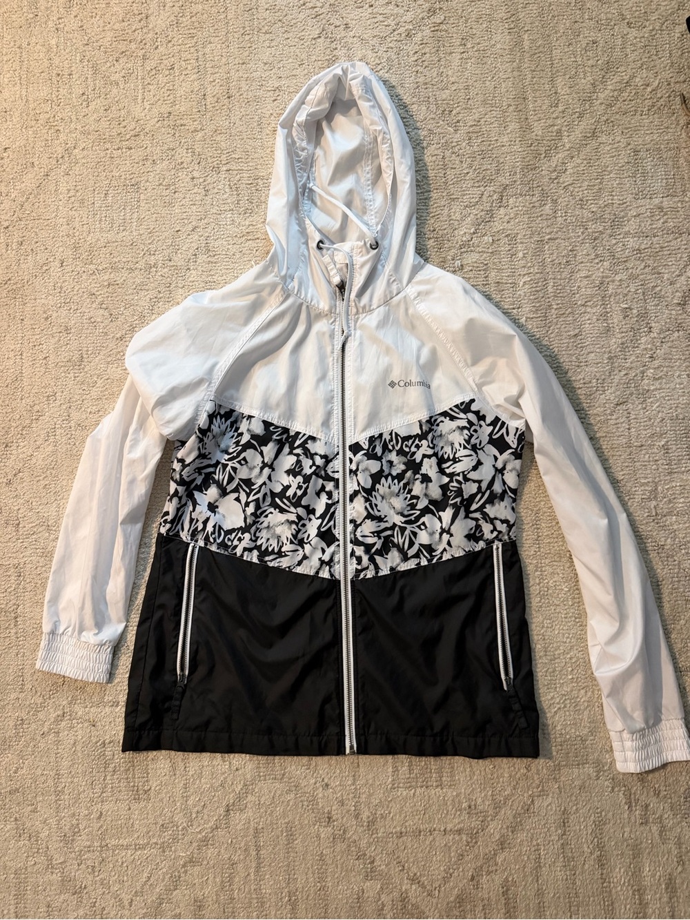 Columbia Women's Floral-Panel Hooded Windbreaker Jacket - White/Black